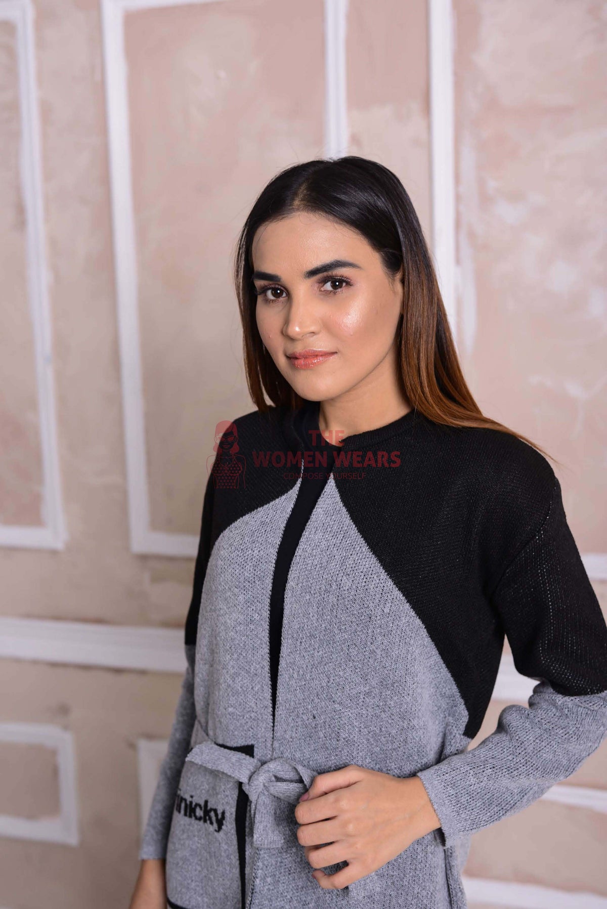 Grey Black Belted Cardigan CGN53 product view 3