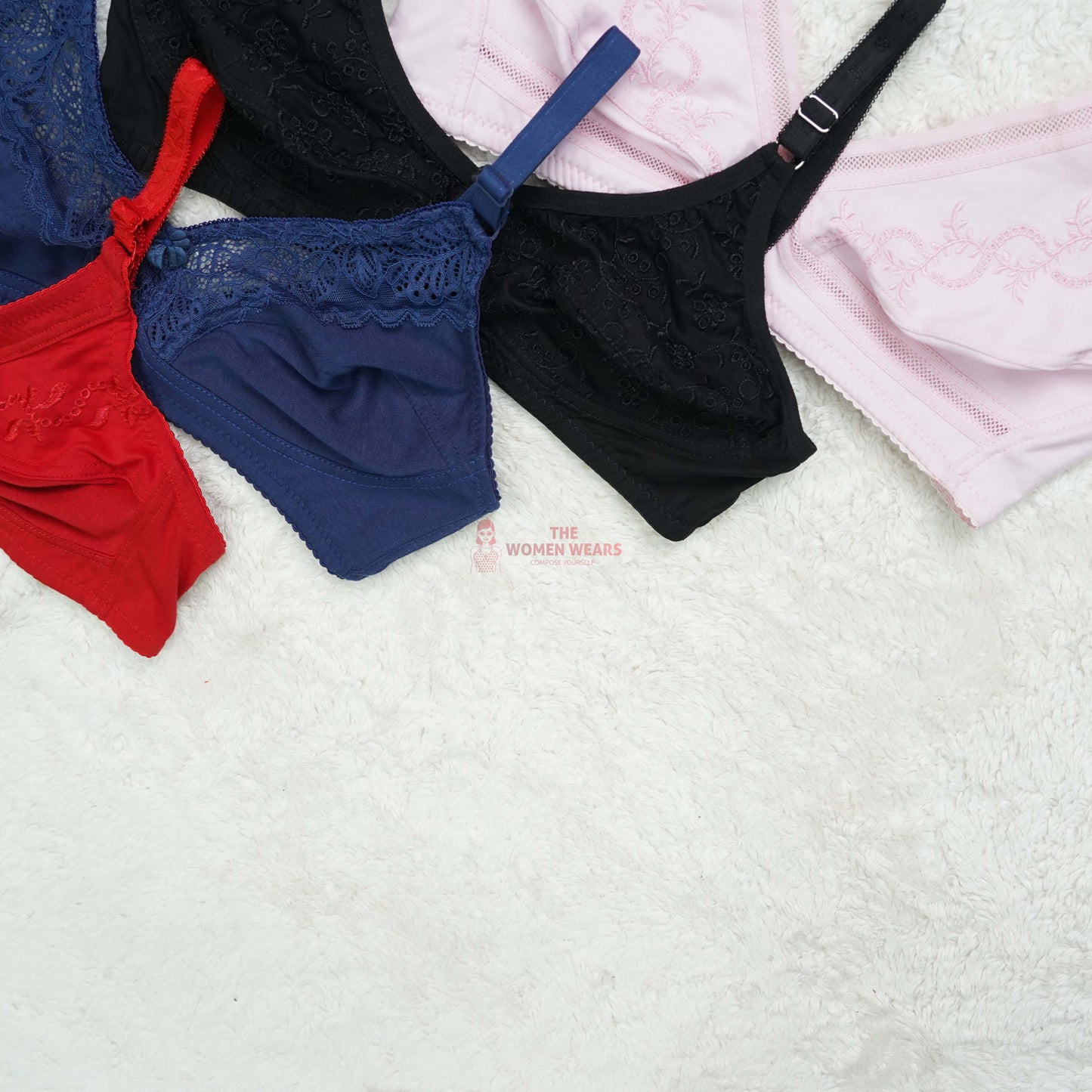 Pack of 3 Embroided Cotton Half Lace Non Padded Bra ( PCK 021 )