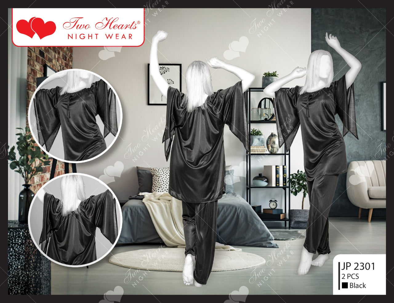 2 Piece Silk Ladies Bedgown With Bell Sleeves - Black (2301)