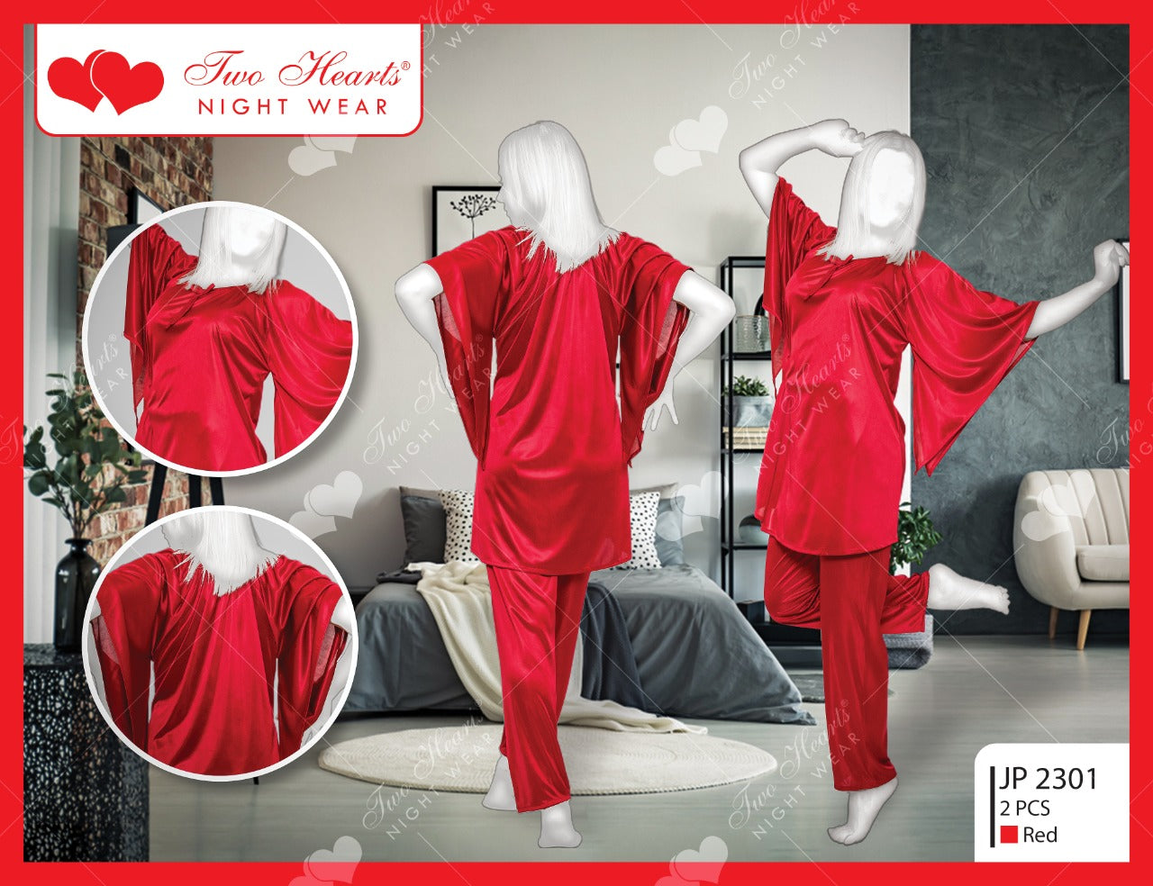 2 Piece Silk Ladies Bedgown With Bell Sleeves - Maroon (1157)