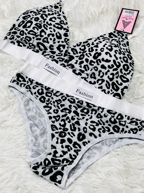 Women Seamless Leopard Print Low Waist Cotton Bralette Set