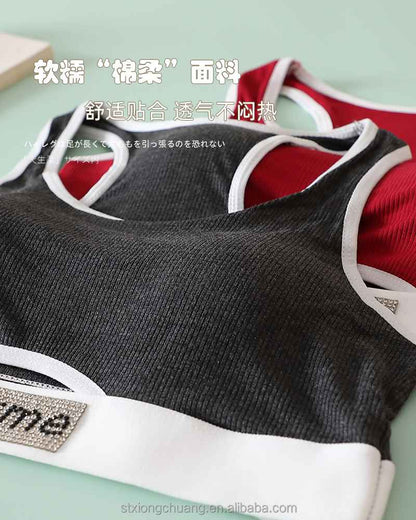 Sexy Hollow Out Soft Breathable Comfortable Beautiful Back Women Thread Cotton Hot Drill Letter Tube Top Thong Sports Bra Set