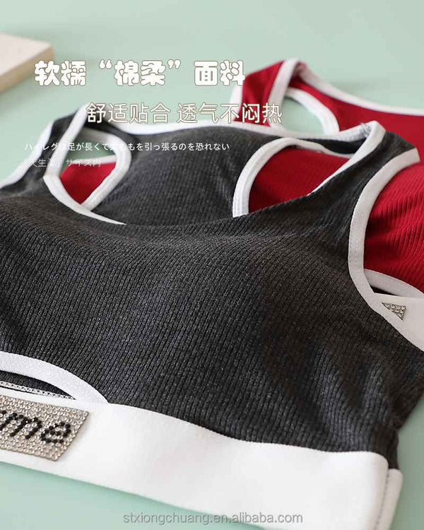 Sexy Hollow Out Soft Breathable Comfortable Beautiful Back Women Thread Cotton Hot Drill Letter Tube Top Thong Sports Bra Set