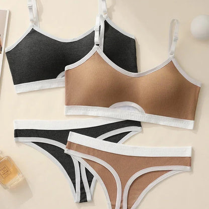 Women Hollow Out Cotton Underwear Seamless Sports Bralette Set