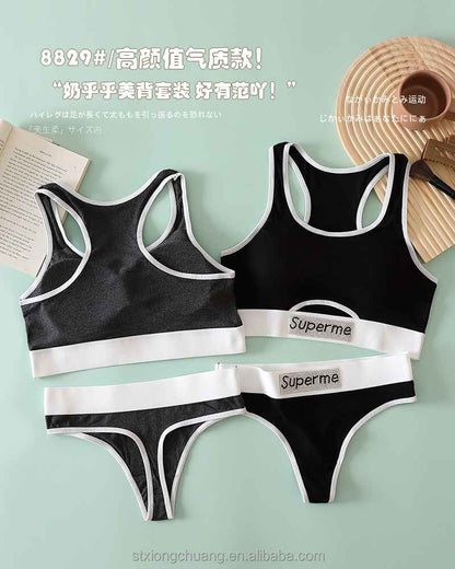 Sexy Hollow Out Soft Breathable Comfortable Beautiful Back Women Thread Cotton Hot Drill Letter Tube Top Thong Sports Bra Set