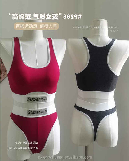 Sexy Hollow Out Soft Breathable Comfortable Beautiful Back Women Thread Cotton Hot Drill Letter Tube Top Thong Sports Bra Set