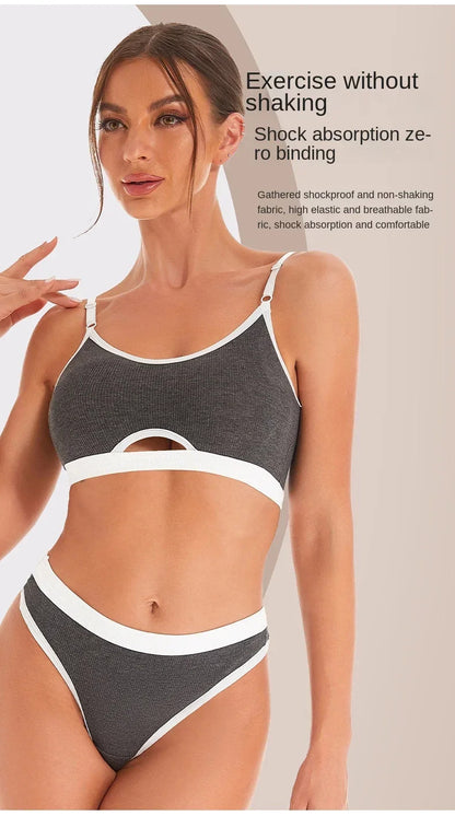 Women Hollow Out Cotton Underwear Seamless Sports Bralette Set