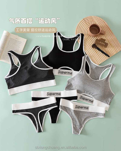 Sexy Hollow Out Soft Breathable Comfortable Beautiful Back Women Thread Cotton Hot Drill Letter Tube Top Thong Sports Bra Set