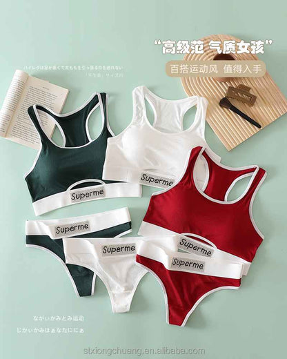 Sexy Hollow Out Soft Breathable Comfortable Beautiful Back Women Thread Cotton Hot Drill Letter Tube Top Thong Sports Bra Set