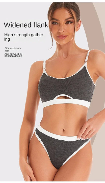 Women Hollow Out Cotton Underwear Seamless Sports Bralette Set