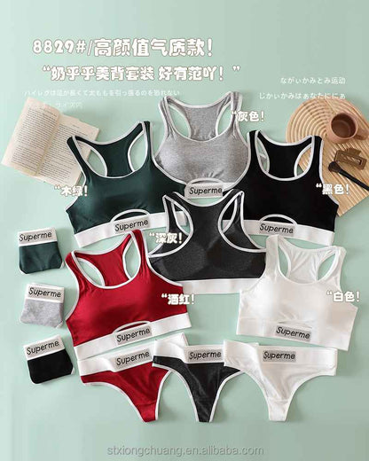 Sexy Hollow Out Soft Breathable Comfortable Beautiful Back Women Thread Cotton Hot Drill Letter Tube Top Thong Sports Bra Set