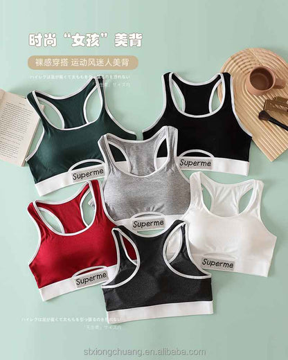 Sexy Hollow Out Soft Breathable Comfortable Beautiful Back Women Thread Cotton Hot Drill Letter Tube Top Thong Sports Bra Set
