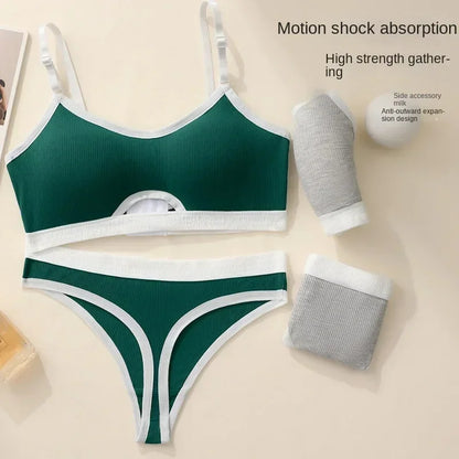 Women Hollow Out Cotton Underwear Seamless Sports Bralette Set