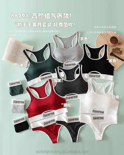 Sexy Hollow Out Soft Breathable Comfortable Beautiful Back Women Thread Cotton Hot Drill Letter Tube Top Thong Sports Bra Set