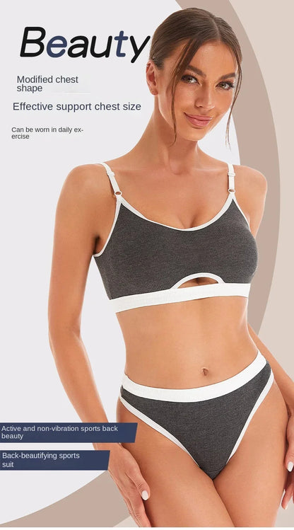 Women Hollow Out Cotton Underwear Seamless Sports Bralette Set
