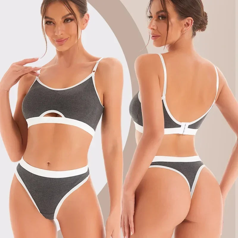 Women Hollow Out Cotton Underwear Seamless Sports Bralette Set