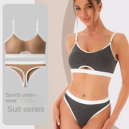 Women Hollow Out Cotton Underwear Seamless Sports Bralette Set