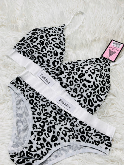 Women Seamless Leopard Print Low Waist Cotton Bralette Set