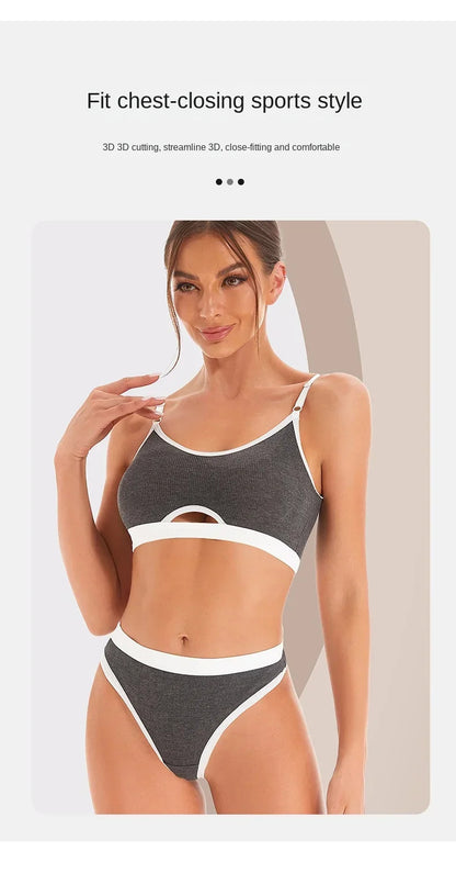 Women Hollow Out Cotton Underwear Seamless Sports Bralette Set