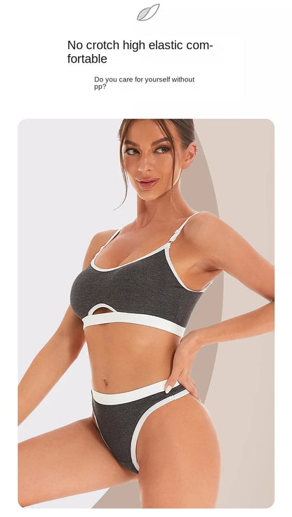 Women Hollow Out Cotton Underwear Seamless Sports Bralette Set