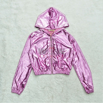Girls Sexy Cropped Holographic Hoodies Women Shiny PU Metallic (SH-207)