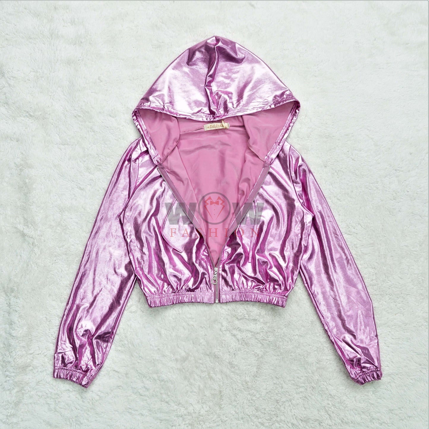 Girls Sexy Cropped Holographic Hoodies Women Shiny PU Metallic (SH-207)