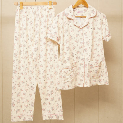 Front Pockets shirt with floral print design nightwear set (WF-013)