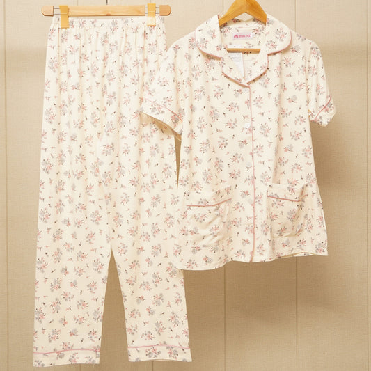 Front Pockets shirt with floral print design nightwear set (WF-013)