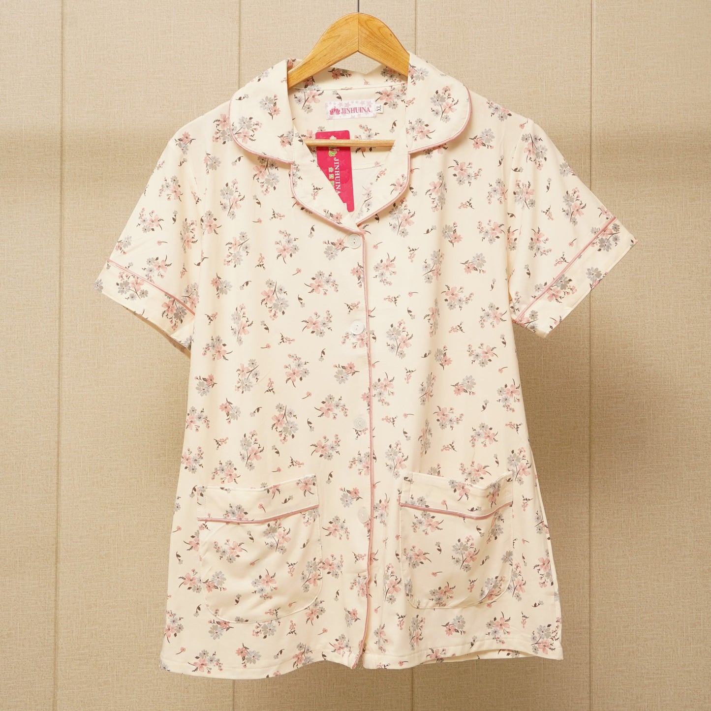 Front Pockets shirt with floral print design nightwear set (WF-013)
