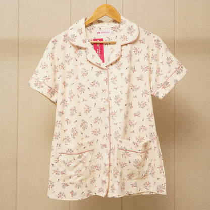 Front Pockets shirt with floral print design nightwear set (WF-013)
