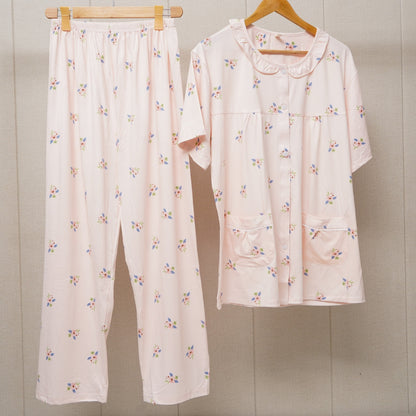 Border lace pockes flower print pajama set(WF-007)