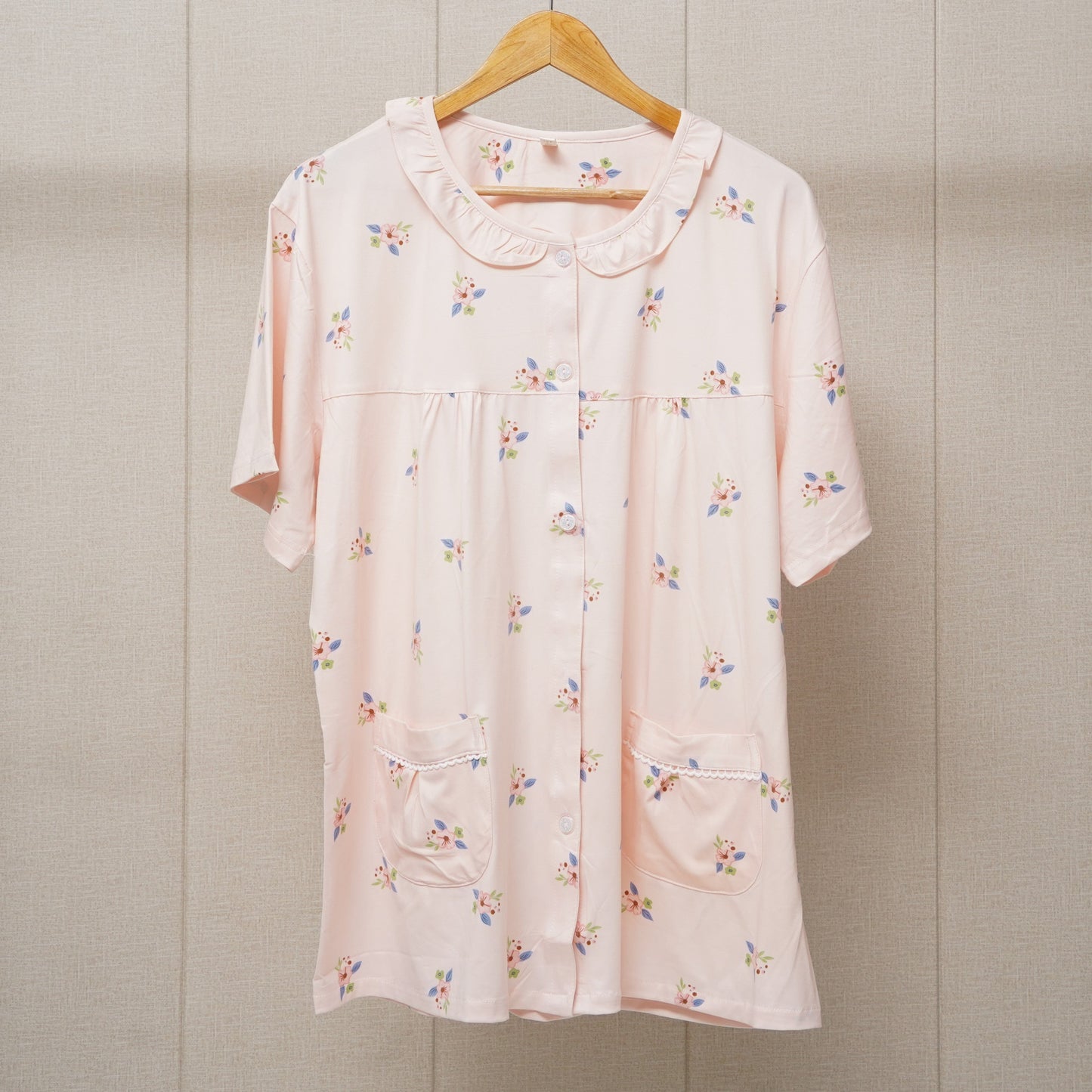 Border lace pockes flower print pajama set(WF-007)