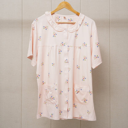 Border lace pockes flower print pajama set(WF-007)