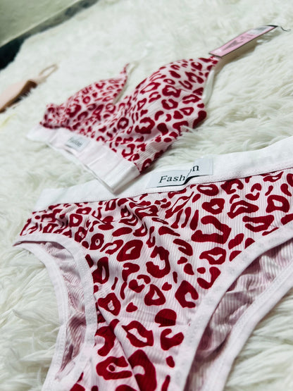 Women Seamless Leopard Print Low Waist Cotton Bralette Set
