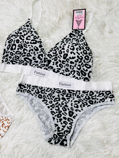 Women Seamless Leopard Print Low Waist Cotton Bralette Set
