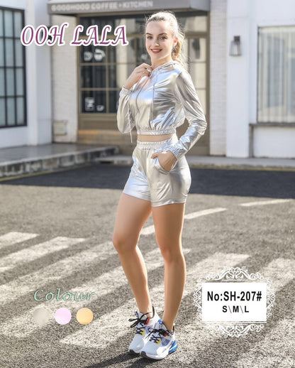 Girls Sexy Cropped Holographic Hoodies Women Shiny PU Metallic (SH-207)