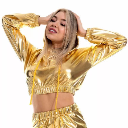 Girls Sexy Cropped Holographic Hoodies Women Shiny PU Metallic (SH-207)