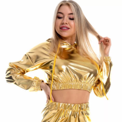 Girls Sexy Cropped Holographic Hoodies Women Shiny PU Metallic (SH-207)
