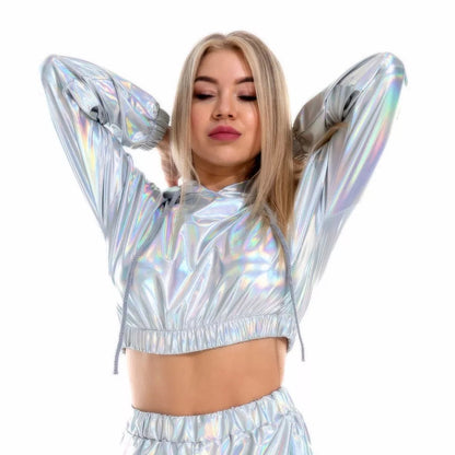 Girls Sexy Cropped Holographic Hoodies Women Shiny PU Metallic (SH-207)
