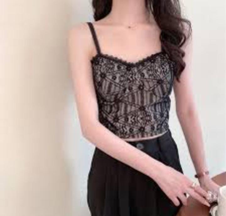 Women Wearing Lace White Crop Top Summer Embroidery bralette 6353