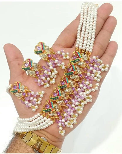 Multicolor Peacock Design Choker Necklace Set with Pearls and Beads