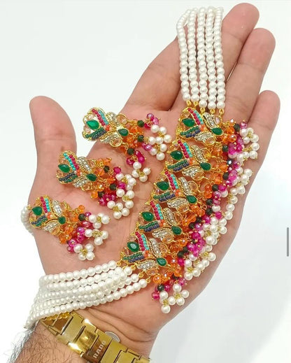 Multicolor Peacock Design Choker Necklace Set with Pearls and Beads