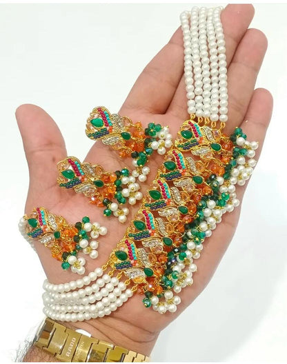 Multicolor Peacock Design Choker Necklace Set with Pearls and Beads