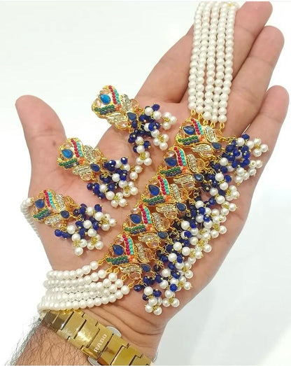 Multicolor Peacock Design Choker Necklace Set with Pearls and Beads