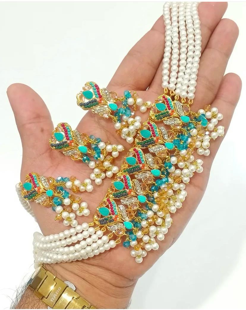Multicolor Peacock Design Choker Necklace Set with Pearls and Beads