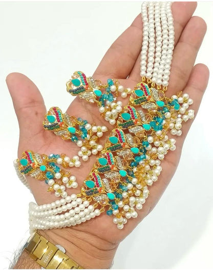Multicolor Peacock Design Choker Necklace Set with Pearls and Beads