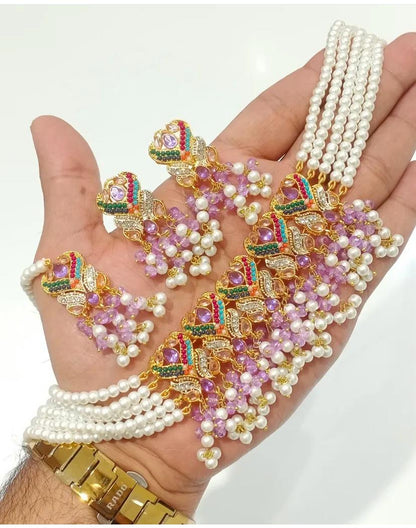 Multicolor Peacock Design Choker Necklace Set with Pearls and Beads