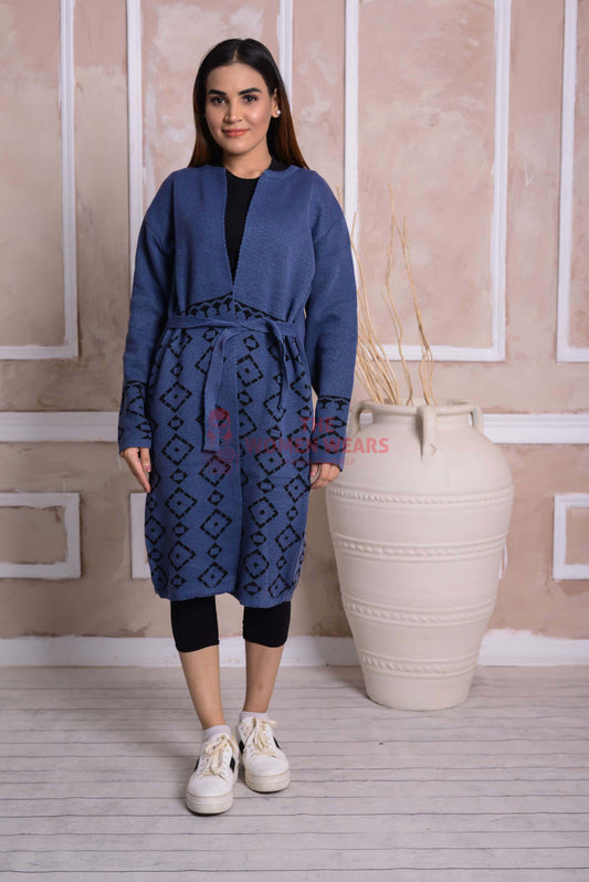 Imported Front Open Dusky Blue Cozy Belted Cardigan Sweater - (CGN09)