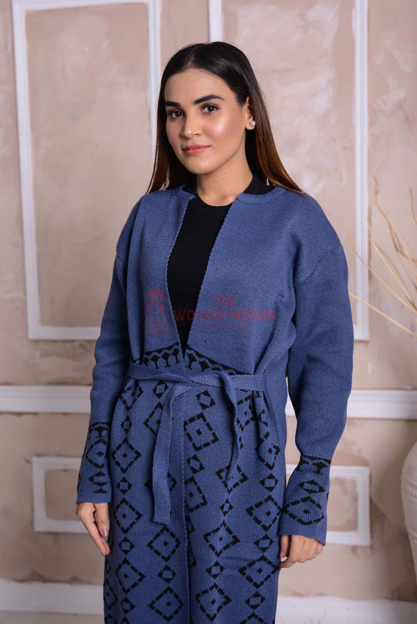 Imported Front Open Dusky Blue Cozy Belted Cardigan Sweater - (CGN09)