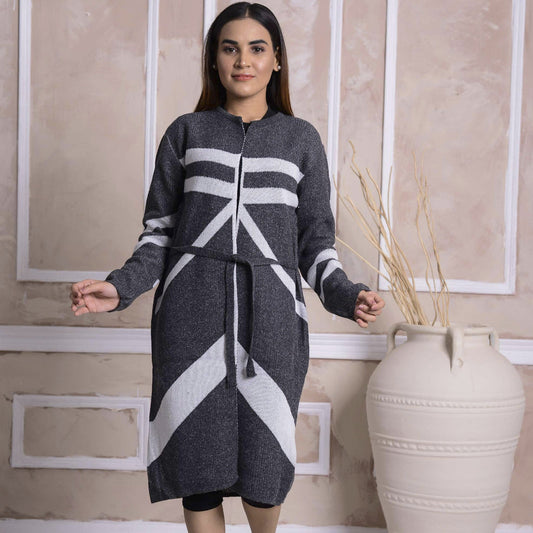 Imported Front Open Gunmetal Cozy Belted Cardigan Sweater - FF(CGN29)